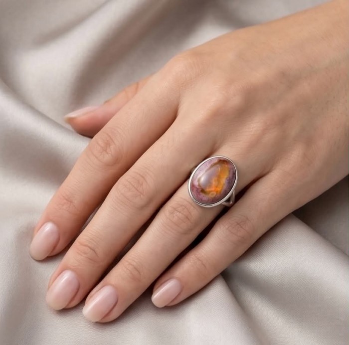 Queen of Fire best quality 18.4 carat Mexican Opal .925 Sterling Silver handmade ring 8 1/4 - 18.4 ct Mexican Opal ring worn on hand, silver band visible