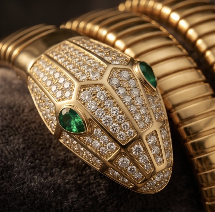 SERPENTINE Precious Snake Genuine 4.2 carat Emerald 925 Sterling Silver dipped in 18K Gold handcrafted Bracelet - Snake bracelet with emerald eyes, diamond details, close-up view.