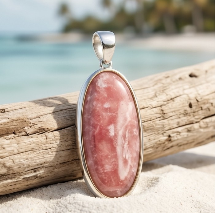 Genuine Argentinian Rhodochrosite .925 Sterling Silver handmade Pendant - Close-up of Rhodochrosite pendant on sand, showing stone detail