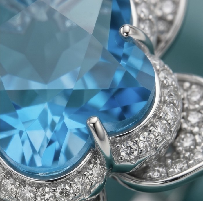 Forget -Me- Not flower 9.5 carat genuine Swiss Blue Topaz .925 Sterling Silver handmade Statement Ring size 8 - Close-up of Swiss Blue Topaz and diamond-studded flower jewelry.