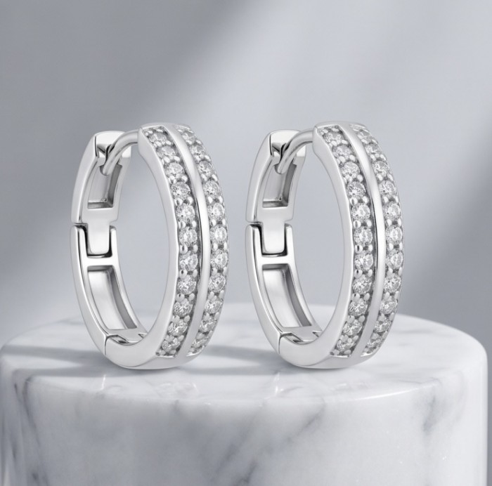 Allure Natural 2.2 carat White Topaz .925 Sterling Silver handcrafted hoop earrings - Front view of Allure White Topaz sterling silver hoop earrings.