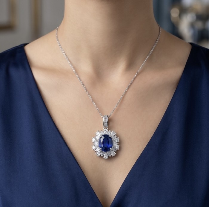 Authentic 8.5 carat Tanzanite .925 Sterling Silver handmade necklace - Necklace with 8.5 carat Tanzanite pendant, worn on model in blue dress.
