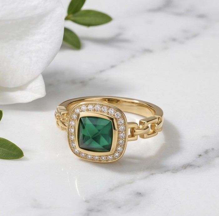 4.9 carat natural Colombian Emerald .925 Sterling Silver diped in 18K Gold handmade Statement Ring size 7 1/4 - Close-up of gold ring with green emerald and diamond accents on marble surface.