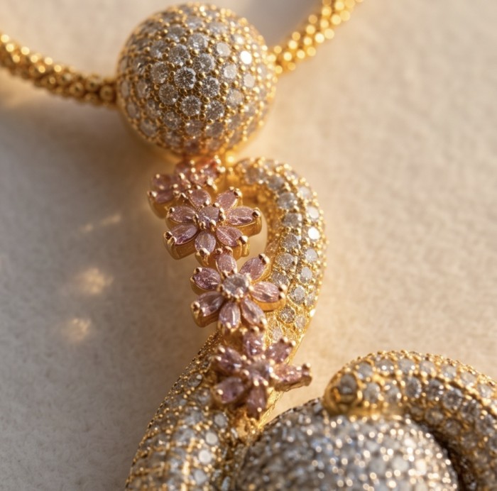 Dubai Style - Pure Luxury - pave 14.7 carat Moissanite .925 Sterling Silver dipped in 18K Gold handmade Statement necklace - Close-up of Dubai Style jewelry with pink floral and pave Moissanite details.