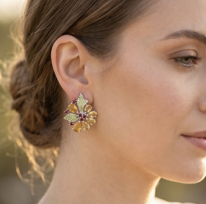 Vivien Luxurious Style - Natural 19.2 carat Brazilian Citrine .925 Sterling Silver dipped in rhodium handmade earrings - Side view of Vivien Luxurious earrings with Brazilian Citrine stones.