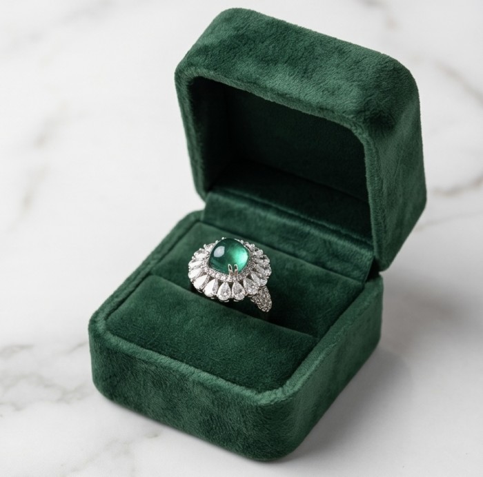 Elizabeth princess cut 4.8 carat Colombian Emerald 8.3 carat Moissanite .925 Sterling Silver dipped in Rhodium handcrafted Ring size 5 1/4 - Emerald ring in green velvet box, top view with stone detail.