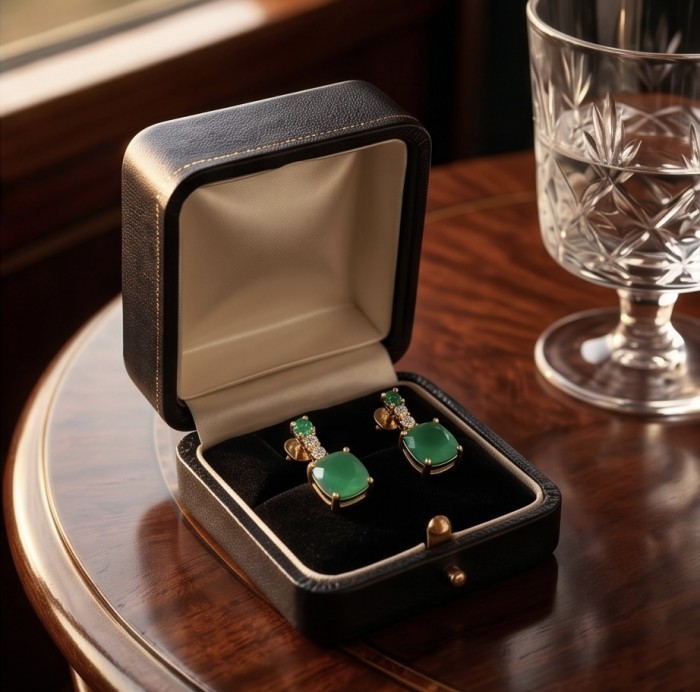 Asscher cut 3.8 carat COLOMBIAN Emerald 22k Gold over .925 Sterling Silver handmade Earrings - Emerald earrings in open box on wooden table, side view.
