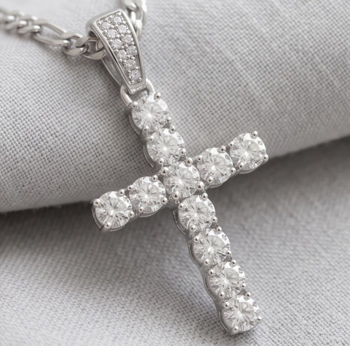Precious Cross Genuine rhodium over .925 Sterling Silver handmade necklace - Close-up of sterling silver cross pendant with round stones.