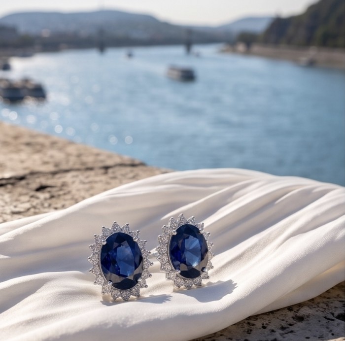 Giovanna - Authentic oval cut 6.8 carat Tanzanite .925 Sterling Silver handcrafted earrings - Tanzanite earrings on fabric by a river. Stone close-up.