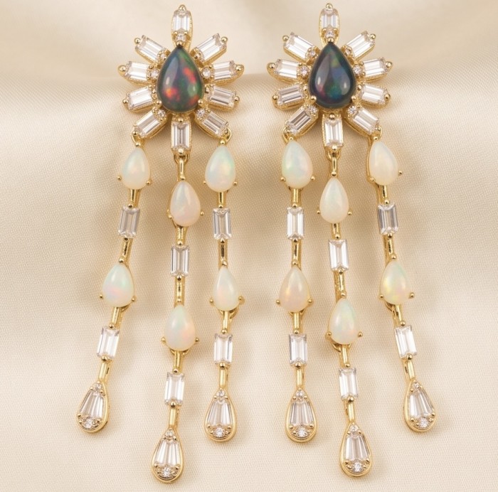 Giovanna 8.2 carat Australian Black Opal Australia Opal 22K Gold over .925 Sterling Silver incredible handcrafted Earrings - Earrings with opals and baguette diamonds, front view on fabric background.