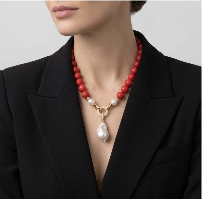 Konstancia Sublime natural Red Fossilized Coral Sterling Silver handmade Necklace - Necklace on model, frontal view, showcasing coral and pearl details.