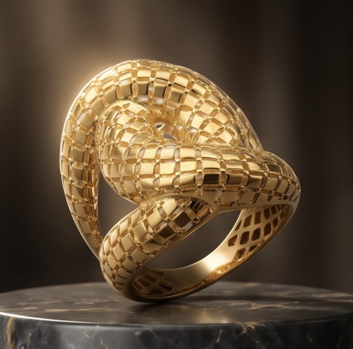 Dubai Style - Golden knot - .925 Sterling Silver dipped in 22K Gold handmade Large ring size 6 1/4 - Golden knot ring, close-up on pedestal, intricate woven design