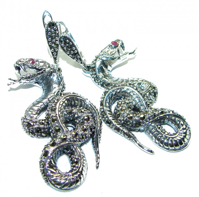 Snakes Ruby Marcasite .925 Sterling Silver handcrafted Earrings - photo 3