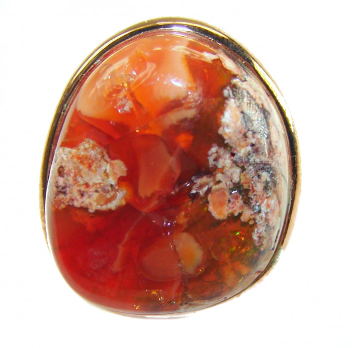 Inner Fire 25.5 carat Authentic Mexican Opal 14K Gold over .925 Sterling Silver handcrafted ring size 7 adjustable - Close-up of 25.5 carat Mexican Opal set in 14K gold.