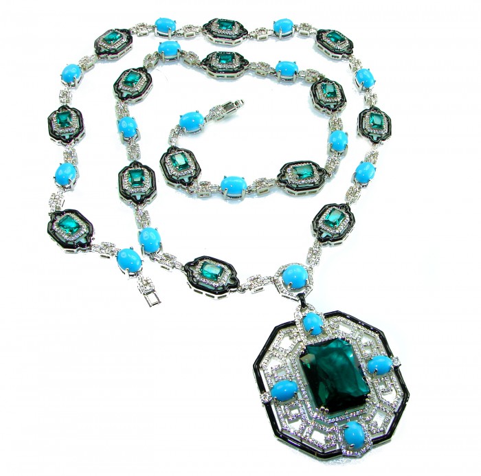 Art Deco - Pacifica - 168.4 carat Turquoise Aquamarine .925 Sterling Silver handmade Statement necklace; 24 inches long - Art Deco turquoise aquamarine necklace, top view showing pendant design.