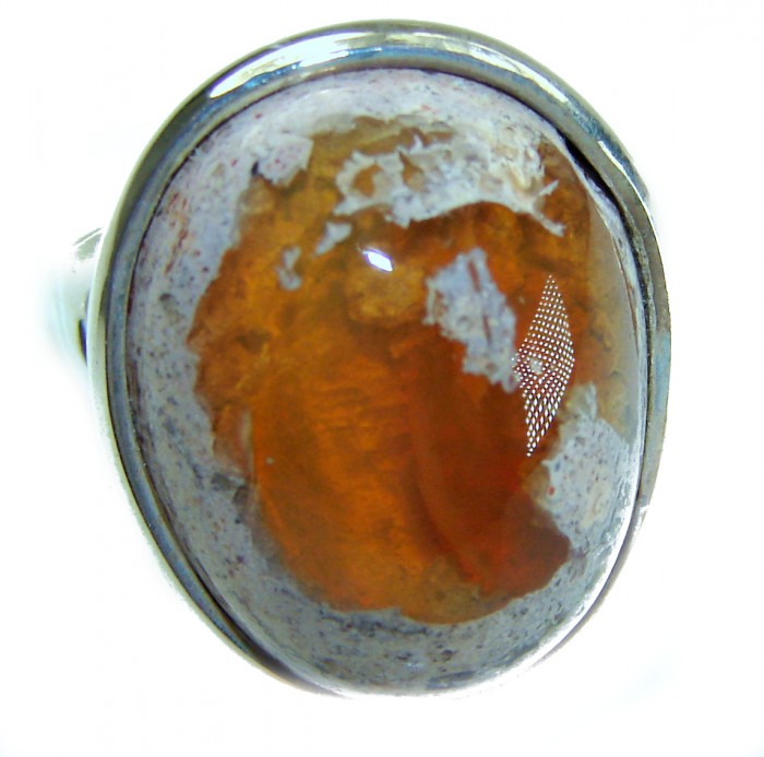 Orange Galaxy best quality 26.4 carat Mexican Opal .925 Sterling Silver handmade ring 9 - Close-up of orange galaxy 26.4 carat Mexican Opal in .925 silver setting