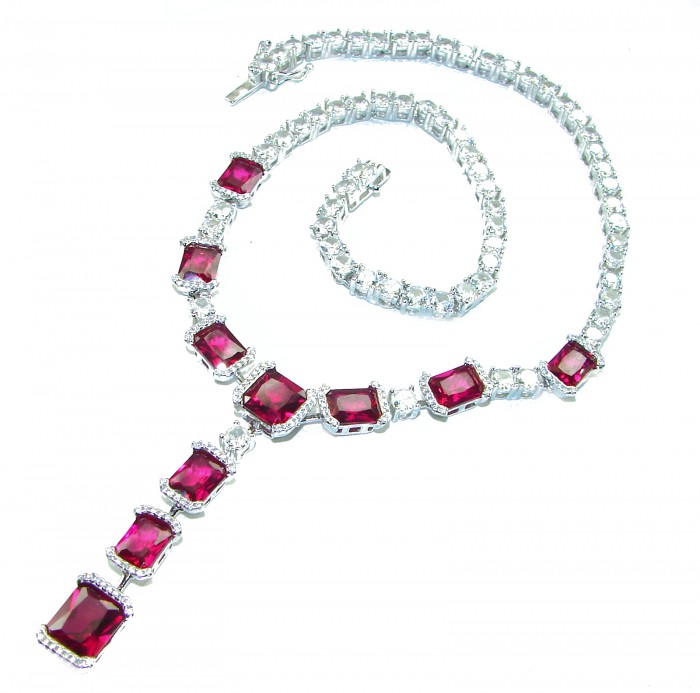 Royalty 30.2 carat Ruby .925 Sterling Silver .925 Sterling Silver Statement Necklace - Ruby necklace and bracelet set, top view, sterling silver setting.