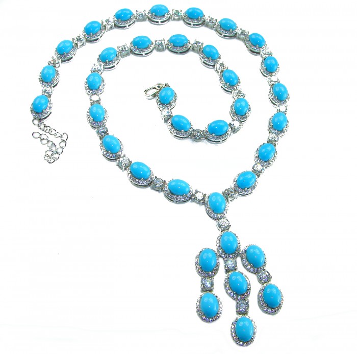 Great quality authentic Sleeping Beauty Turquoise 18K White Gold over .925 Sterling Silver handmade handcrafted Necklace - Sleeping Beauty Turquoise necklace with dangling stones, front view.
