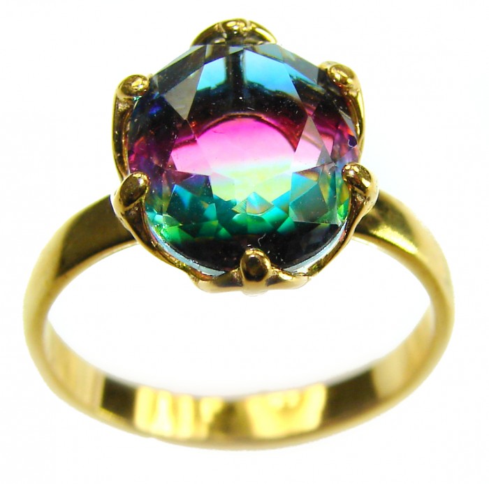11.8 carat Brazilian Tourmaline .925 Sterling Silver dipped in 14K GoldPerfectly handcrafted Ring s. 8 1/4 - Gold ring with 11.8 carat Brazilian tourmaline, stone close-up angle.