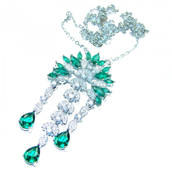 Giovanna - Authentic 25.9 carat Colombian Emerlad .925 Sterling Silver handcrafted Statement necklace - Necklace with emerald and diamond accents on a white background.