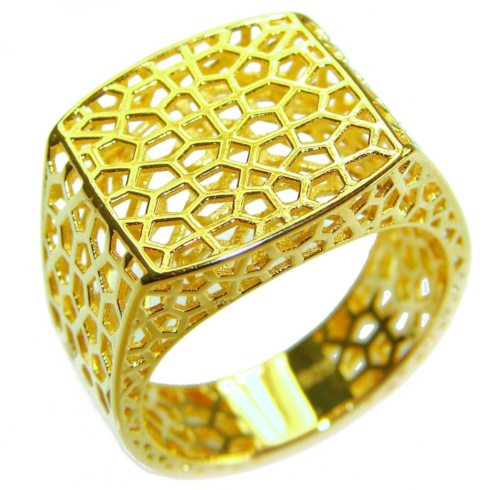 Dubai Style - Golden Signet .925 Sterling Silver dipped in 22K Gold handmade Large ring size 8 - Golden Signet Ring, Dubai Style, top view, intricate lattice design.