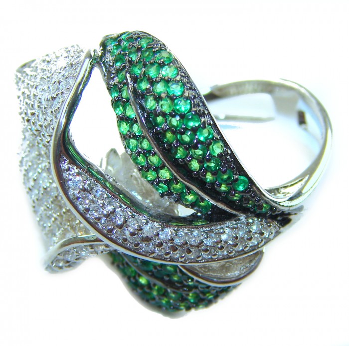 Gabriella 22.2 carat authentic Colombian Emerald .925 Sterling Silver handcrafted Statement Ring size 6 1/4 - Close-up of Gabriella ring with emeralds and diamonds.