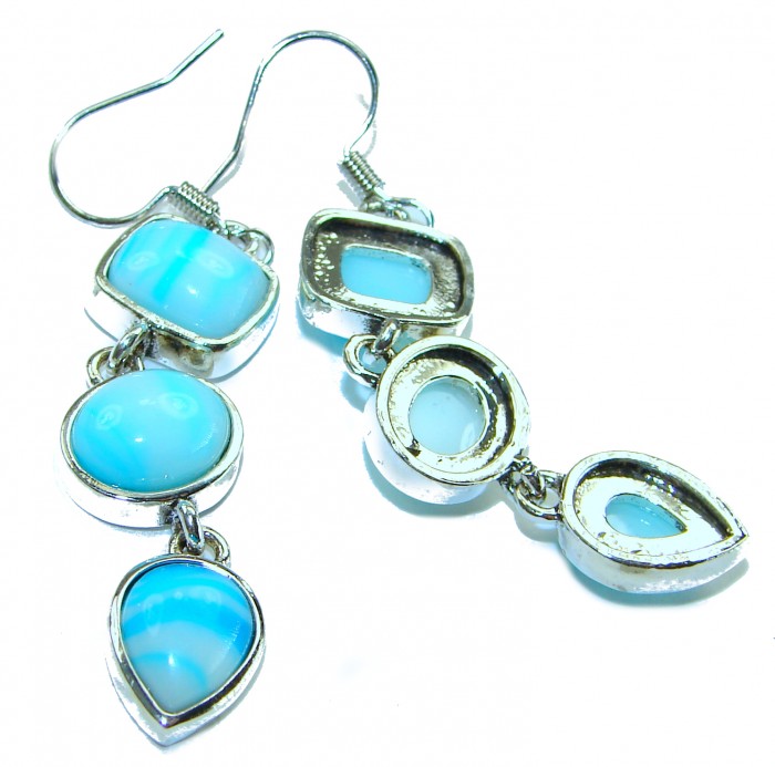 Precious Blue Larimar .925 Sterling Silver handmade earrings - Close-up of blue Larimar sterling silver earrings, front view.