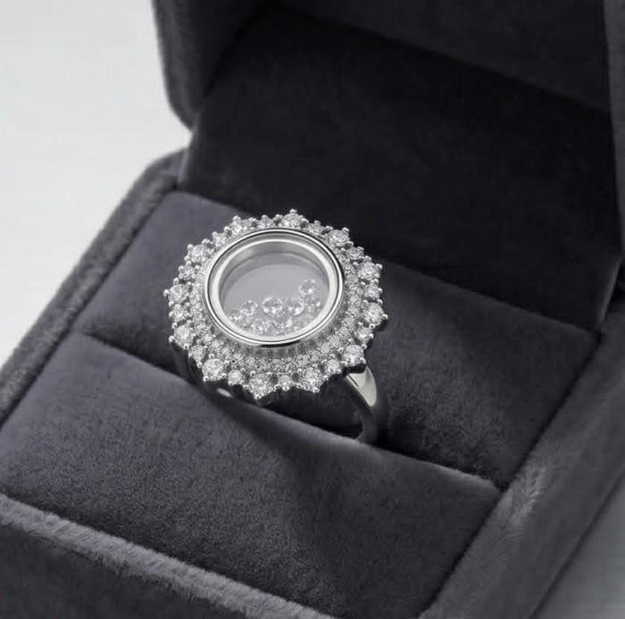 Floating Memories 10.5 carat White Sapphire .925 Sterling Silver Handcrafted Ring size 9 - Floating Memories ring in box, top view, white sapphire details