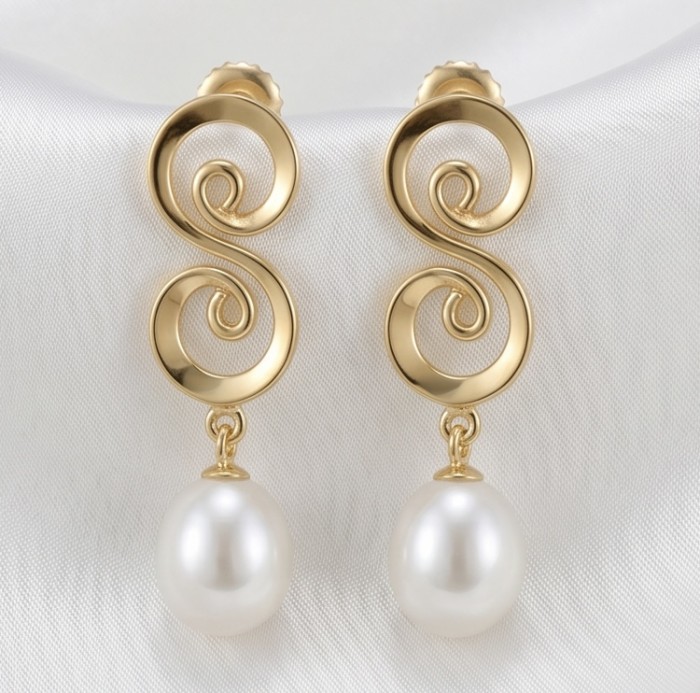 Sublime natural Pearl 18K Gold over .925 Sterling Silver handcrafted Earrings - Gold swirl earrings with pearls, front view, on white background