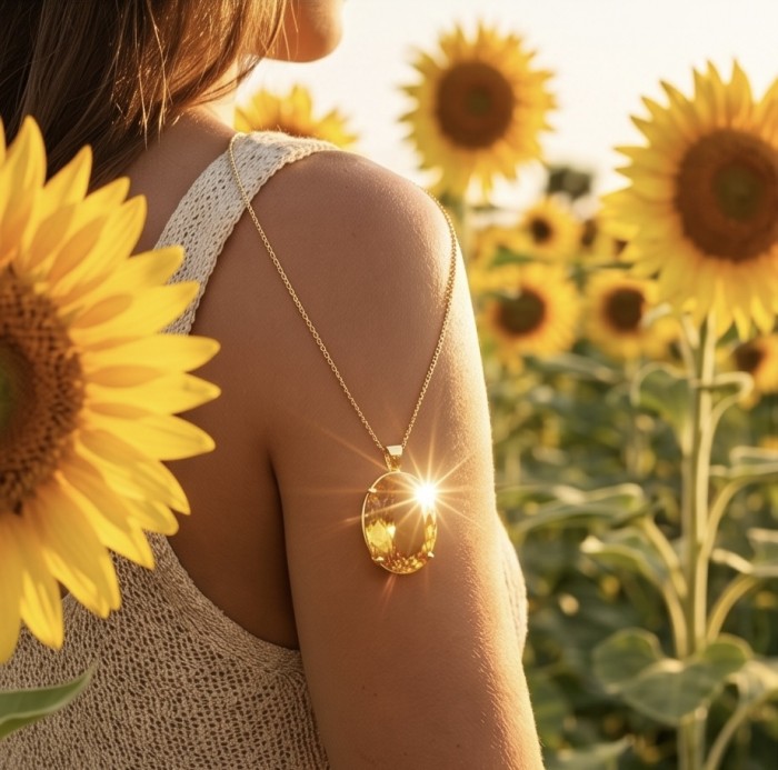 Luxury genuine 39.7 CARAT oval fancy cut Champagne Topaz .925 Sterling Silver dipped in 22K Gold handmade Pendant - Worn on shoulder, oval Champagne Topaz pendant in sunflower field.