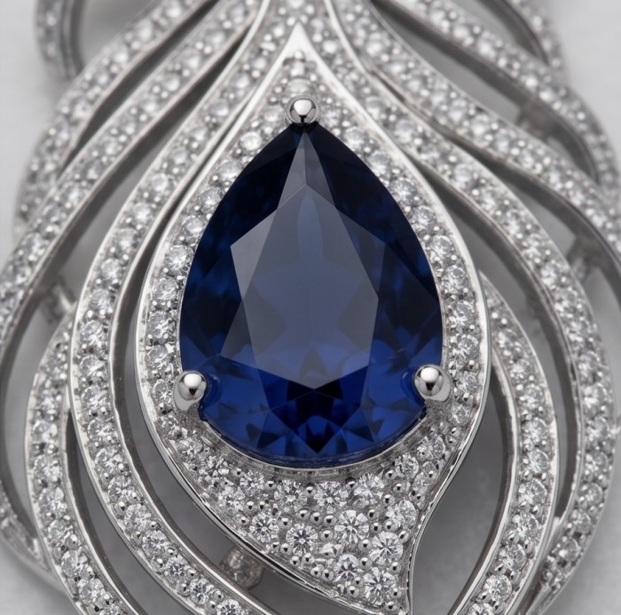Precious Magic Feather 10.2 carat Sapphire .925 Sterling Silver .925 Sterling Silver Statement Necklace - Close-up of 10.2 carat sapphire set in ornate .925 sterling silver.