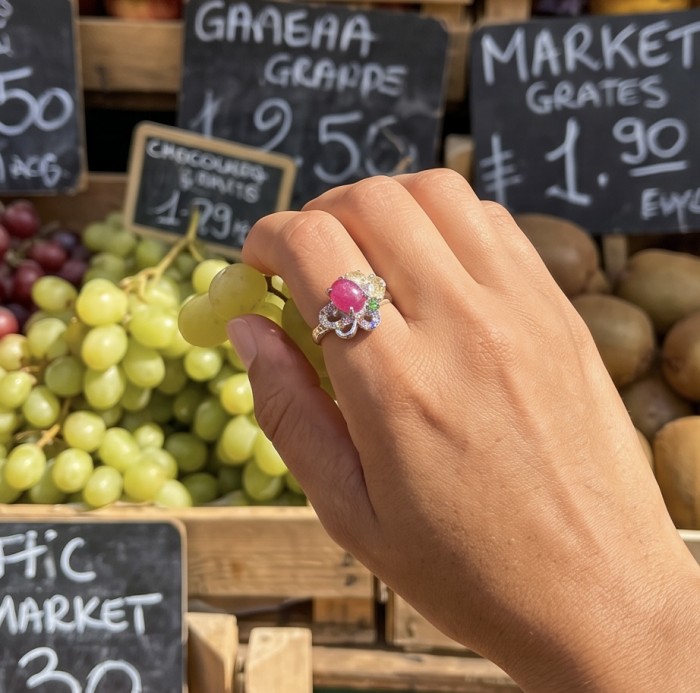 My Sweet Heart Natural 4.8 carat Mozambique Ruby .925 Sterling Silver Handcrafted Cocktail Ring s. 9 - Ruby ring worn on hand, market background with grapes.