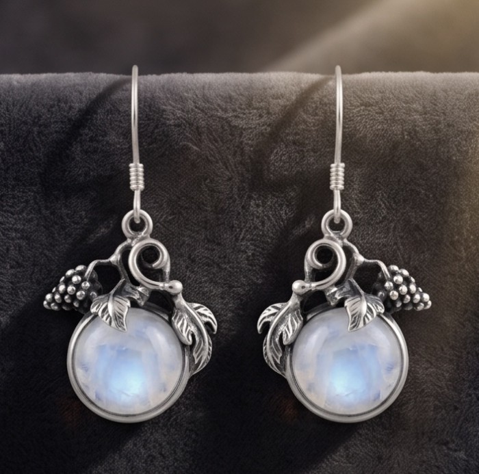 Moonlight Authentic 11.2 carat Fire Moonstone .925 Sterling Silver handmade Satement earrings - Front view of moonstone and sterling silver earrings with leaf detail.