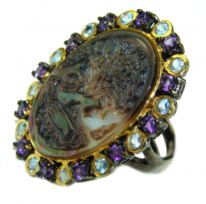 Vintage design Genuine Cameo Rainbow Abalone black rhodium over .925 Sterling Silver handcrafted Large ring; s. 8 1/2 - photo 1