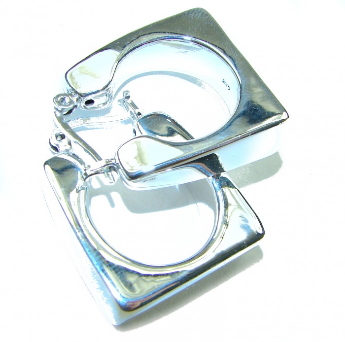LARGE - EXTRAVAGANZA - Highly Polished Fancy .925 Sterling Silver Italy made Earrings - Close-up of highly polished sterling silver square hoop earrings