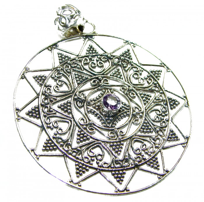 Vintage Design 12.4 CARAT Amethyst 18K Gold over .925 Sterling Silver handcrafted Pendant - Close-up of vintage design pendant with amethyst and intricate details.