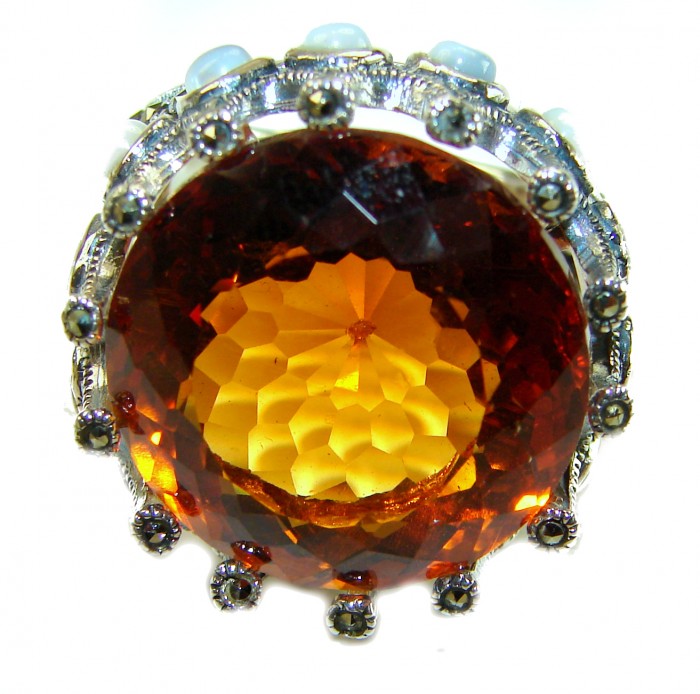 Celestial energY Natural 28.4 carat GOLDEN Topaz Marcasite .925 Sterling Silver handmade Large Statement Ring size 8 3/4 - Close-up of 28.4 carat golden topaz ring with marcasite accents.