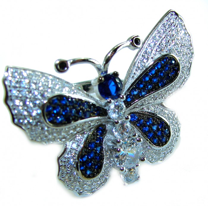 Precious Butterfly Genuine 10.5 carat Sapphire .925 Sterling Silver handmade Statement Ring size 7 1/2 - Butterfly brooch with sapphire stones, top view close-up.