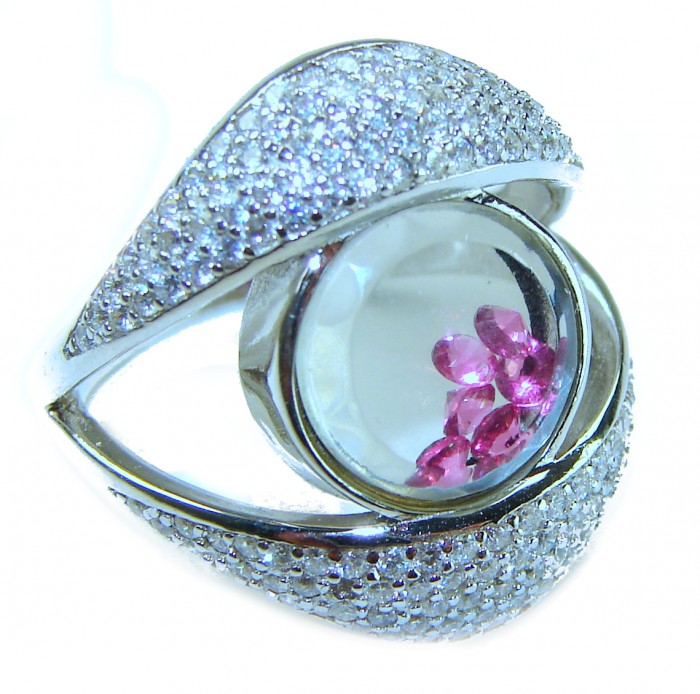 Floating Memories 12.5 carat Pink Sapphire .925 Sterling Silver Handcrafted Ring size 8 - Close-up of ring with pink sapphires in a silver setting.