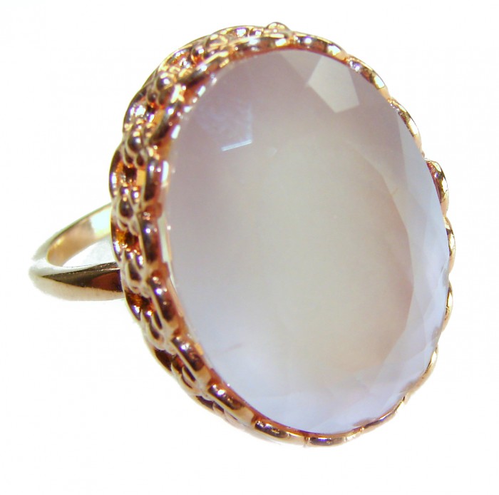 Authentic 29.5 carat Brazilian Rose Quartz 18K Rose Gold over .925 Sterling Silver incredible Ring size 10 - Side view of 29.5ct Brazilian Rose Quartz ring in 18K rose gold.