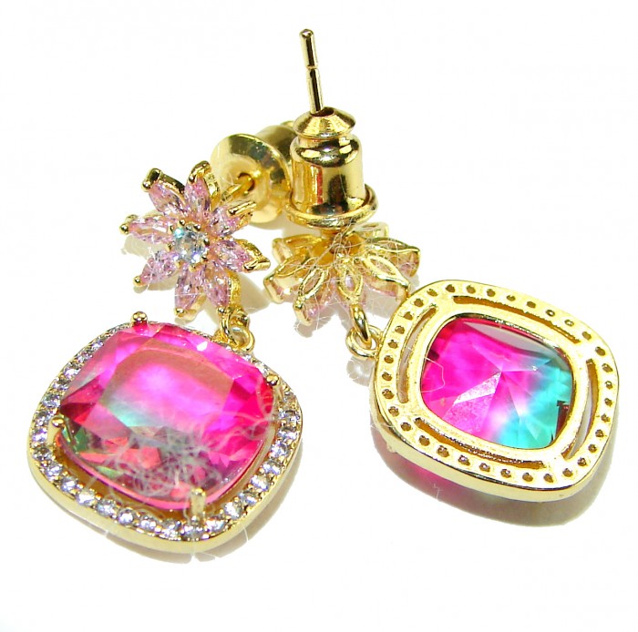 Genevieve 6.5 carat genuine Brazilian Watermelon Tourmaline .925 Sterling Silver dipped in 18K Gold handcrafted Statement earrings - Close-up of gold earrings with watermelon tourmaline stones.
