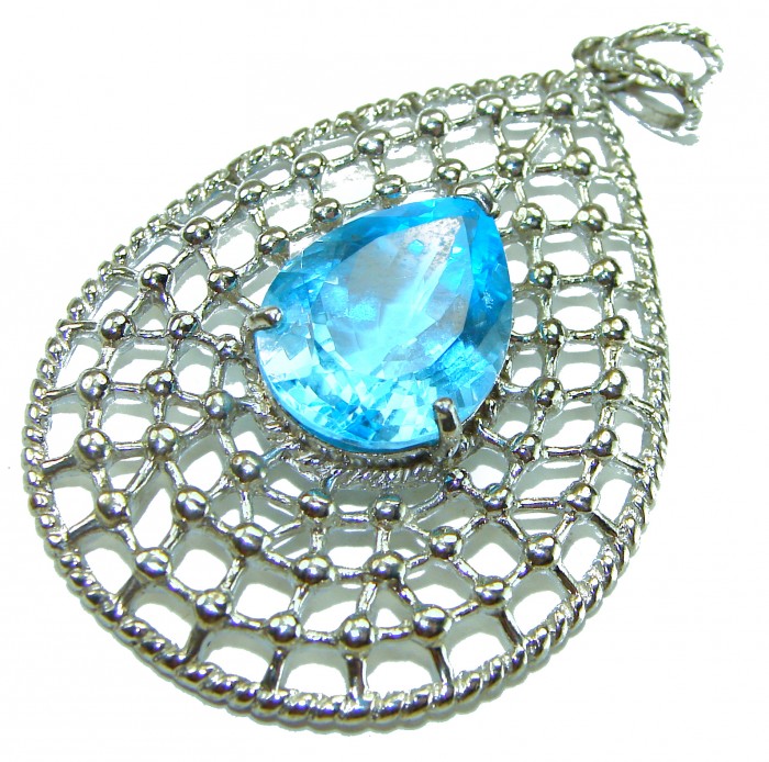 Pacifica 12.5 carat authentic Blue Topaz .925 Sterling Silver Handcrafted pendant - Close-up of Pacifica blue topaz pendant in silver filigree setting