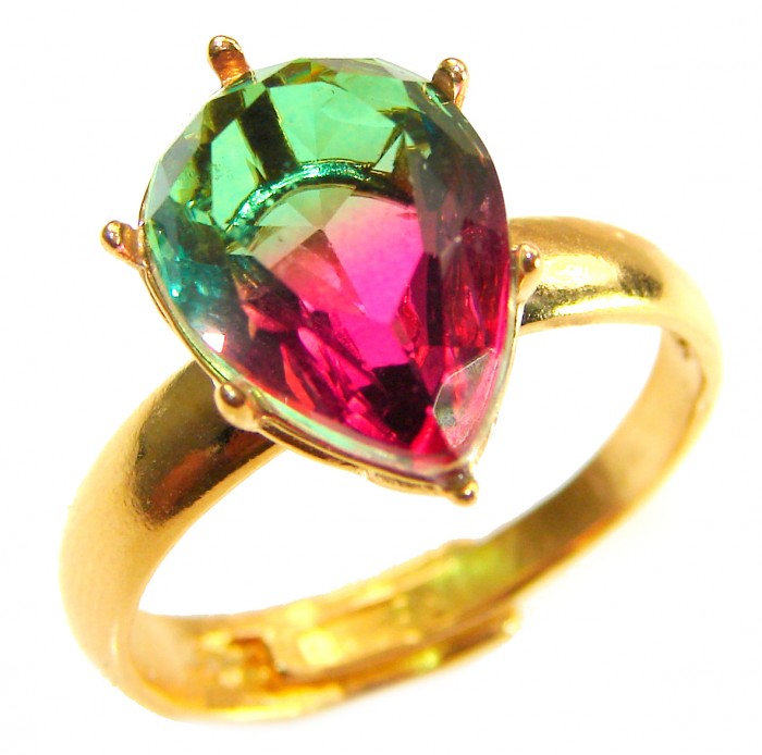 6.8 carat Brazilian Tourmaline .925 Sterling Silver dipped in 18K Gold Perfectly handcrafted Ring s. 8 adjustable - Close-up of a pear-cut Brazilian Tourmaline ring with gold band.
