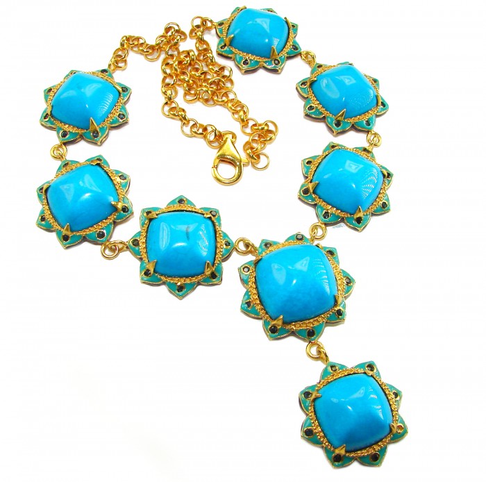 Very RARE! 89.8 grams genuine Sleeping Beauty Turquoise from Globe, Arizona .925 Sterling Silver 22K Gold over handcrafted Necklace, Following the mine's closure in 2012, its scarcity has significantly increased its value - Turquoise necklace with gold accents, top view showing full length.