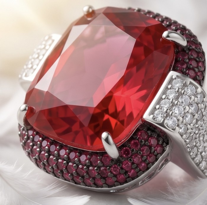 Art Deco 18.6 ctw Red Topaz 4.2 carat pave Ruby .925 Sterling Silver handcrafted Statement Ring size 7 adjustable - Close-up of Art Deco Red Topaz ring with black enamel and diamonds.