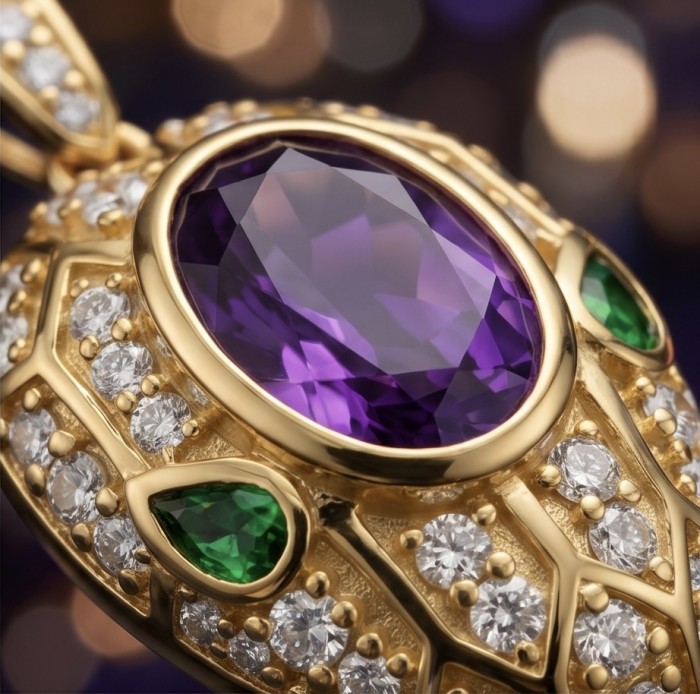 Seducer - Cobra 10.5 carat Amethyst 22K Gold over .925 Sterling Silver handcrafted Pendant - Close-up of amethyst and diamond accents on gold pendant