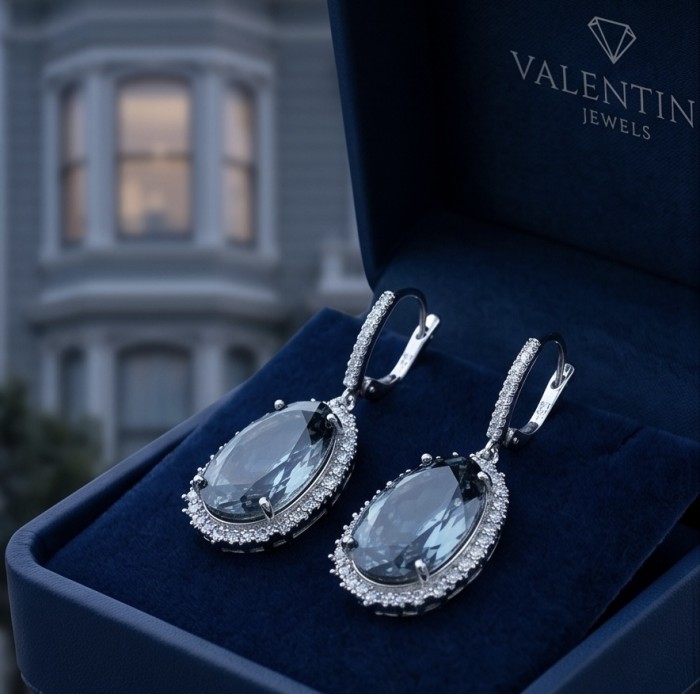 Stella 14.9 carat authentic London Blue Topaz .925 Sterling Silver Handcrafted Earrings - Pair of earrings in a box with London Blue Topaz front view