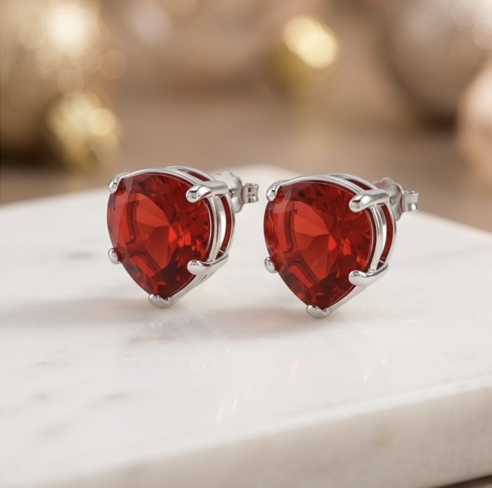 Red Hearts Topaz .925 Sterling Silver handcrafted earrings - Close-up of Red Heart Topaz earrings in .925 Sterling Silver setting.