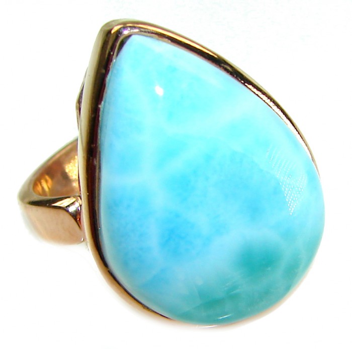 Blue Perfection AAA QUALITY Blue Larimar 18K Rose Gold over .925 Sterling Silver handmade Large ring size 7 adjustable - Close-up of blue Larimar stone ring in 18K rose gold.