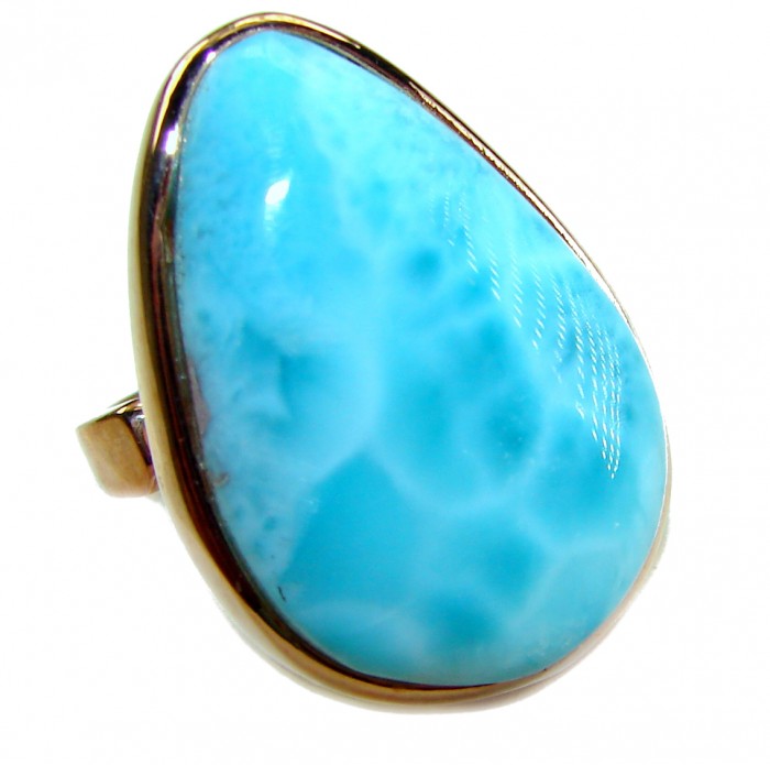 Blue Perfection AUTHENTIC Larimar 18K ROSE Gold over .925 Sterling Silver handmade Large ring size 8 adjustable - Close-up of Larimar ring with 18K rose gold setting